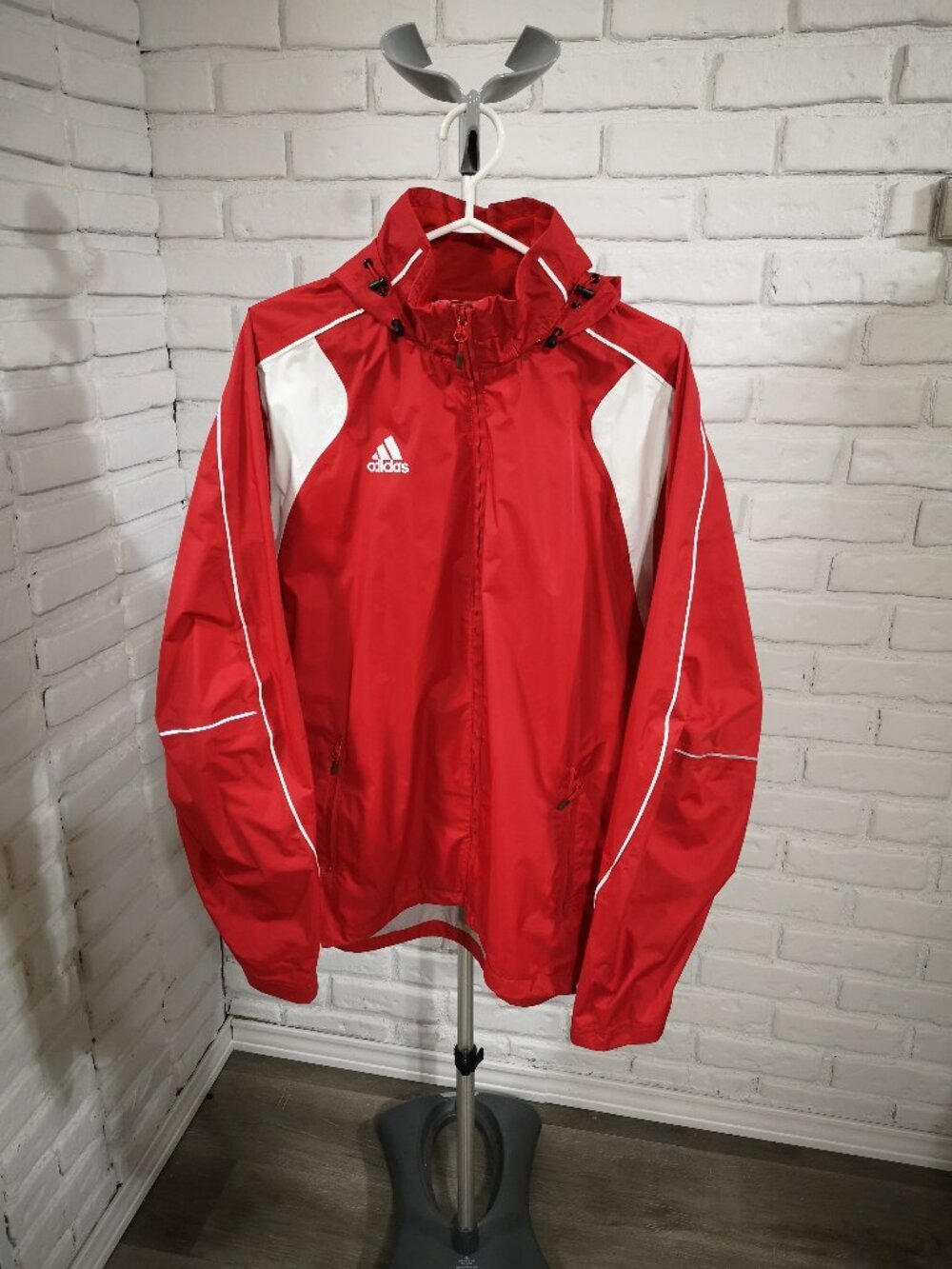 Adidas Men's Size Large Red with White Full Zip Rain Windbreaker Jacket w/ Hood